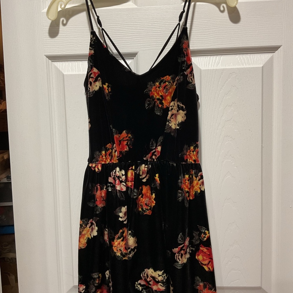 Velvet Floral Black Skort Romper Spaghetti Straps
